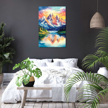 Beautiful mountain landscape wall art canvas reflecting vibrant colours in tranquil lake setting