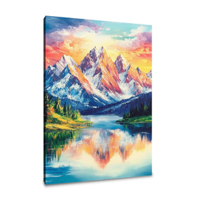 Vibrant Wall Art Canvas featuring mountains and a sunset reflected in a serene lake