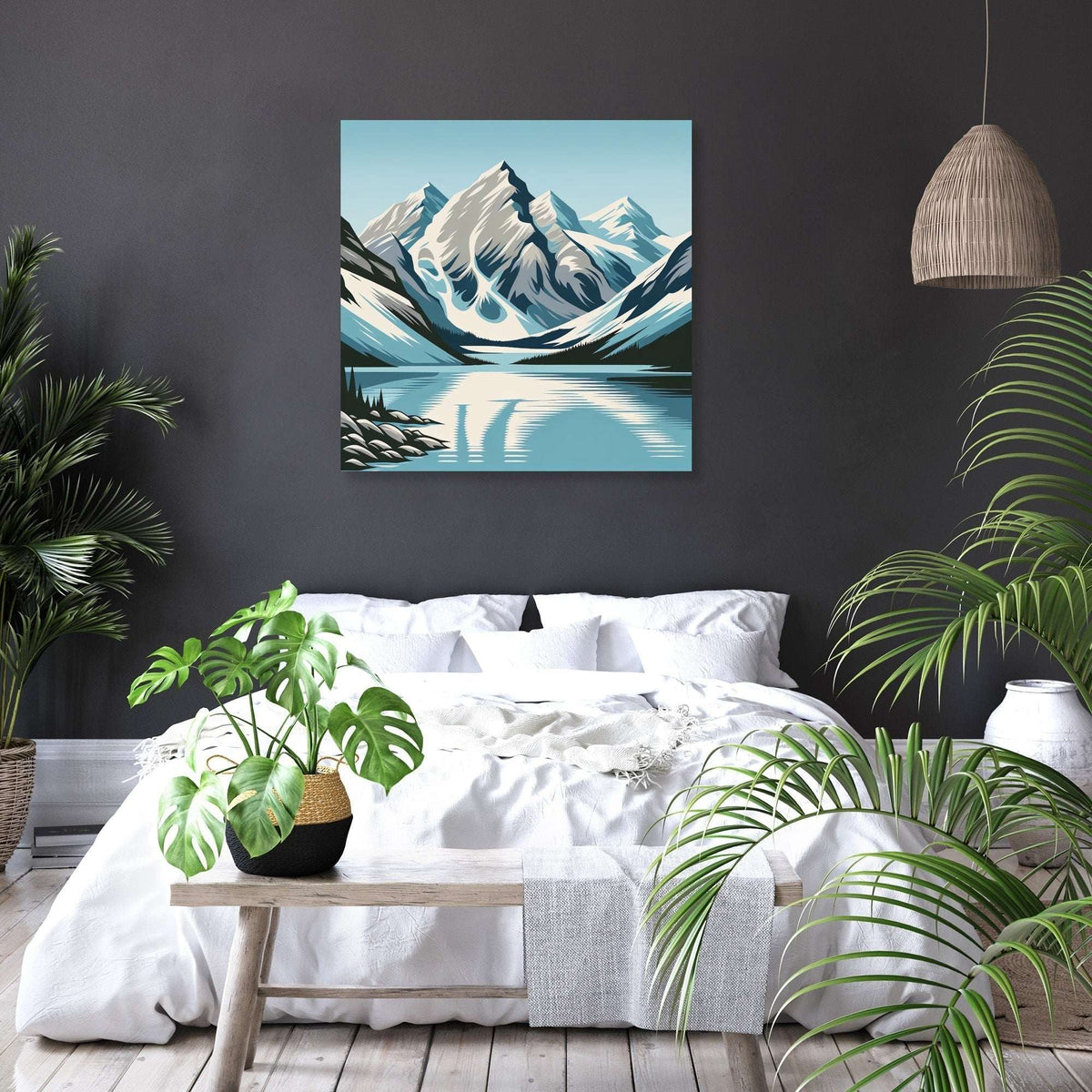 Beautiful wall art canvas featuring serene mountain landscape over a tranquil lake, perfect for home decor