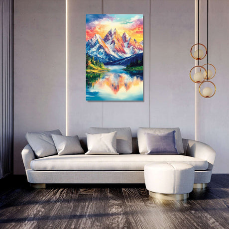 Vibrant Wall Art Canvas featuring a Mountain Landscape with Reflections in Water