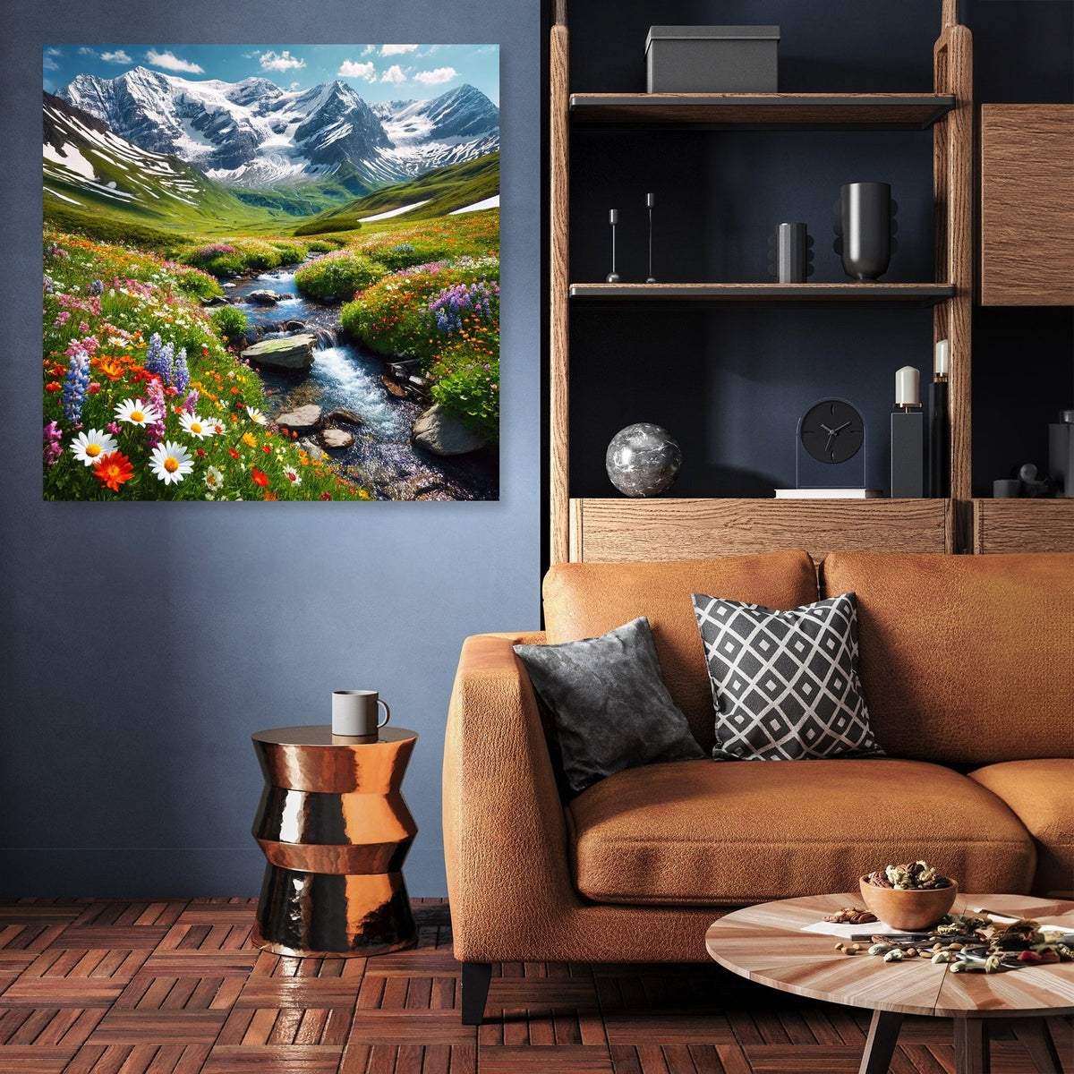 Vibrant Wall Art Canvas depicting a tranquil stream in a flower-filled mountain landscape