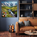 Vibrant Wall Art Canvas depicting a tranquil stream in a flower-filled mountain landscape