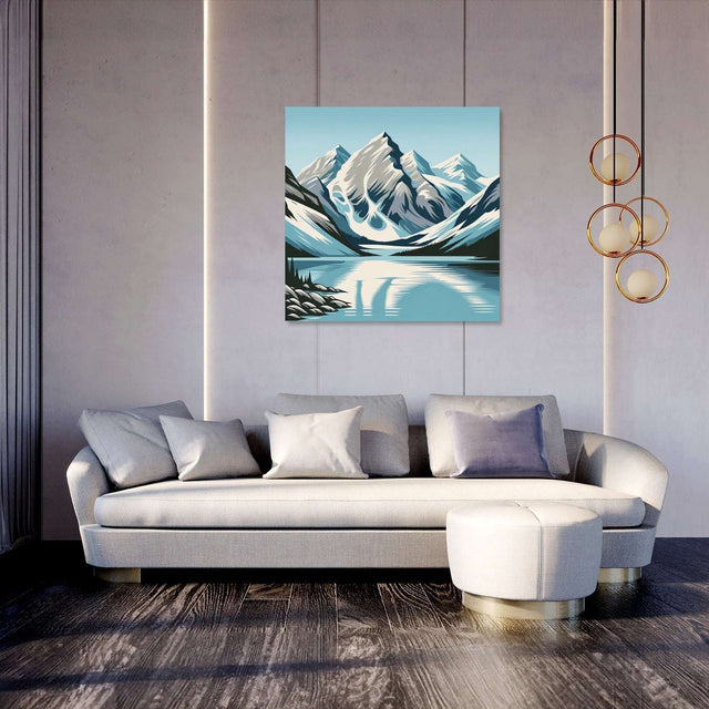 Mountain landscape wall art canvas depicting serene mountains and a reflective lake in a modern living room