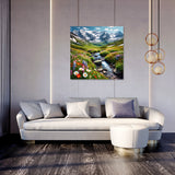 Colourful Wall Art Canvas depicting a serene mountain landscape with flowers by a stream