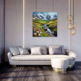 Colourful Wall Art Canvas depicting a serene mountain landscape with flowers by a stream