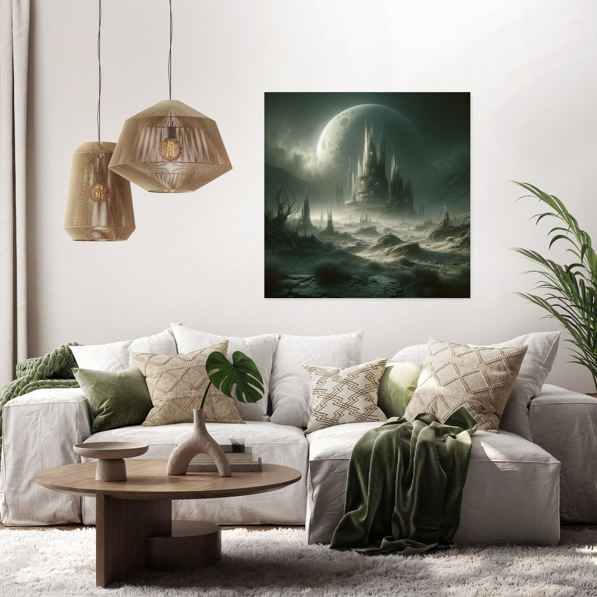 Eerie wall art canvas featuring a mystical castle in a foggy landscape, ideal for modern home decor