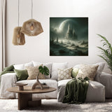 Eerie wall art canvas featuring a mystical castle in a foggy landscape, ideal for modern home decor