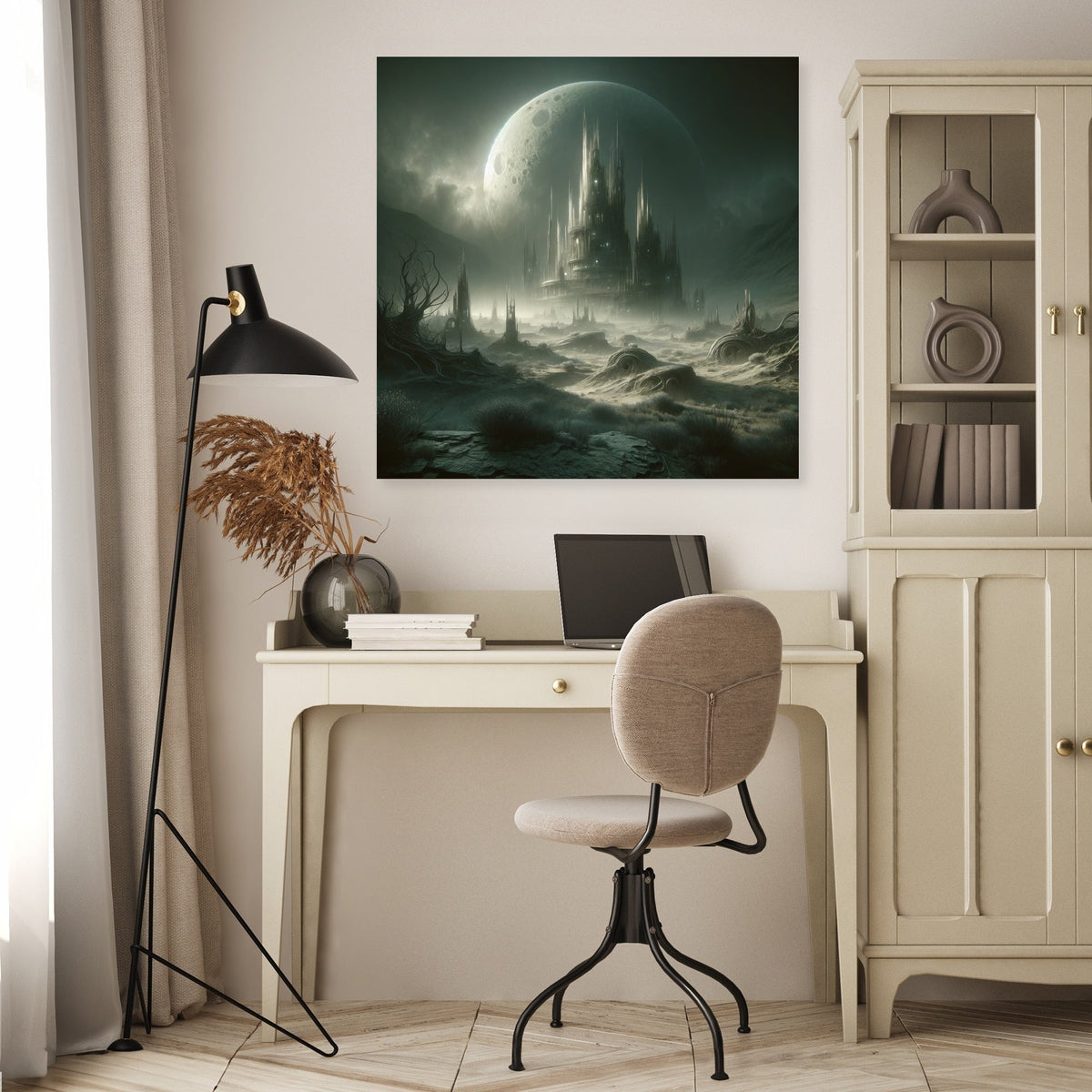 Mystical landscape Wall Art Canvas featuring a castle under a moonlit sky, perfect for home decor