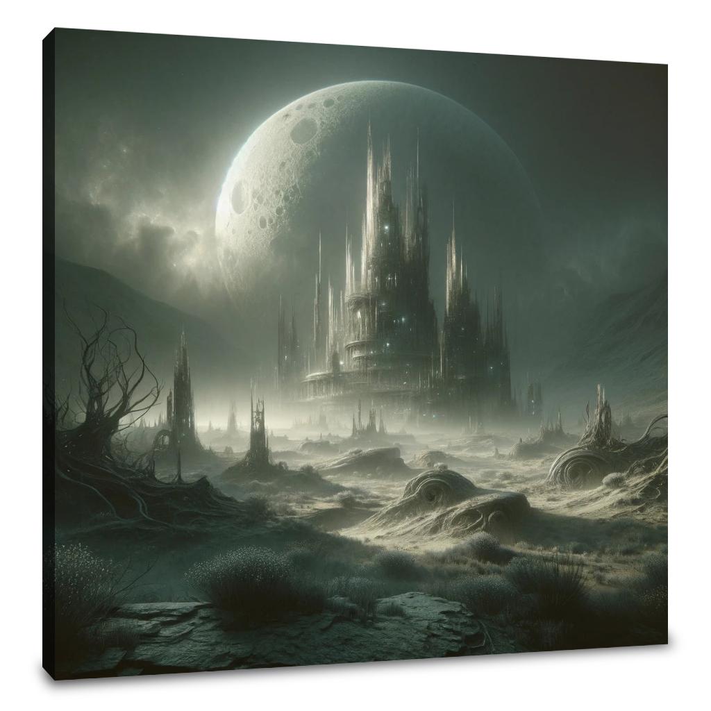 Mystical landscape with a grand castle under a large moon, featuring striking details of the Wall Art Canvas