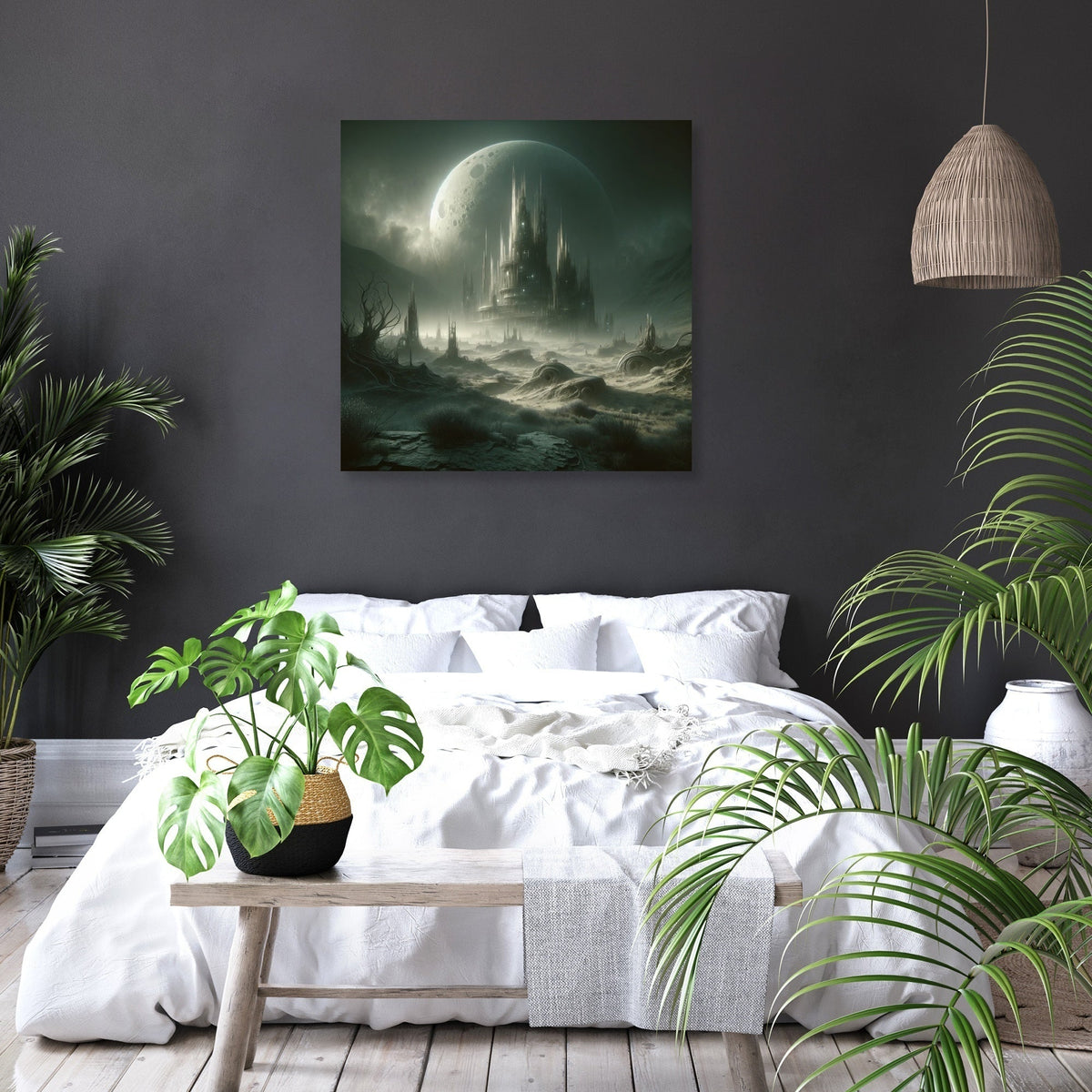 Mystical landscape Wall Art Canvas featuring a castle under a full moon in a serene bedroom setting