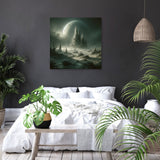 Mystical landscape Wall Art Canvas featuring a castle under a full moon in a serene bedroom setting