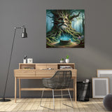 Enchanting Wall Art Canvas featuring a mystical tree with a well in a serene forest setting