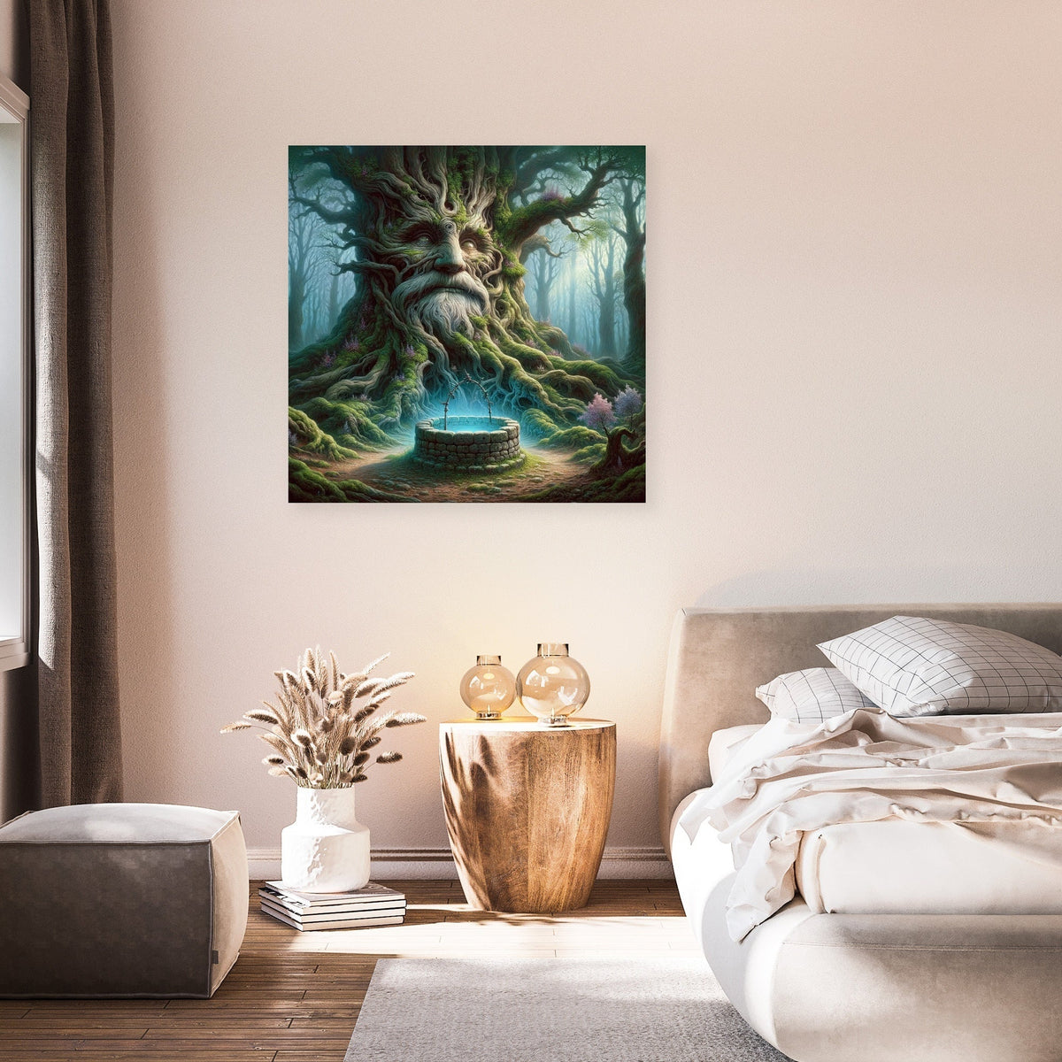 Enchanting Wall Art Canvas featuring a mystical tree with a serene atmosphere in a modern bedroom