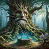 Enchanted Wall Art Canvas featuring an ancient tree with a wise face and a mystical well in a forest