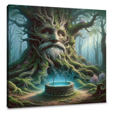 Mystical Wall Art Canvas featuring an ancient tree with a wise face and a magical well in a serene forest