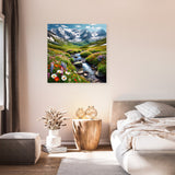 Stunning Wall Art Canvas featuring a mountainous landscape with flowers and a stream for home decoration