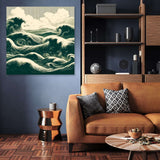 Beautiful Wall Art Canvas depicting dynamic ocean waves in a modern living room setting