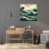 Wall Art Canvas featuring dramatic ocean waves in a stylish home office setting