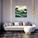 Stylish wall art canvas featuring dynamic wave patterns above a modern sofa in a chic living room