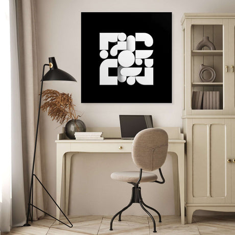 Modern abstract Wall Art Canvas in black and white displayed in a stylish home office setting