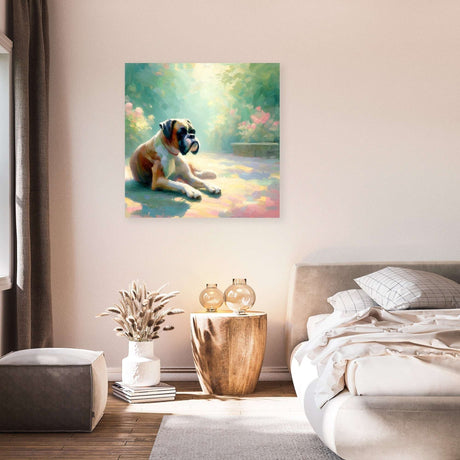 Beautiful wall art canvas featuring a serene dog in a sunlit garden setting