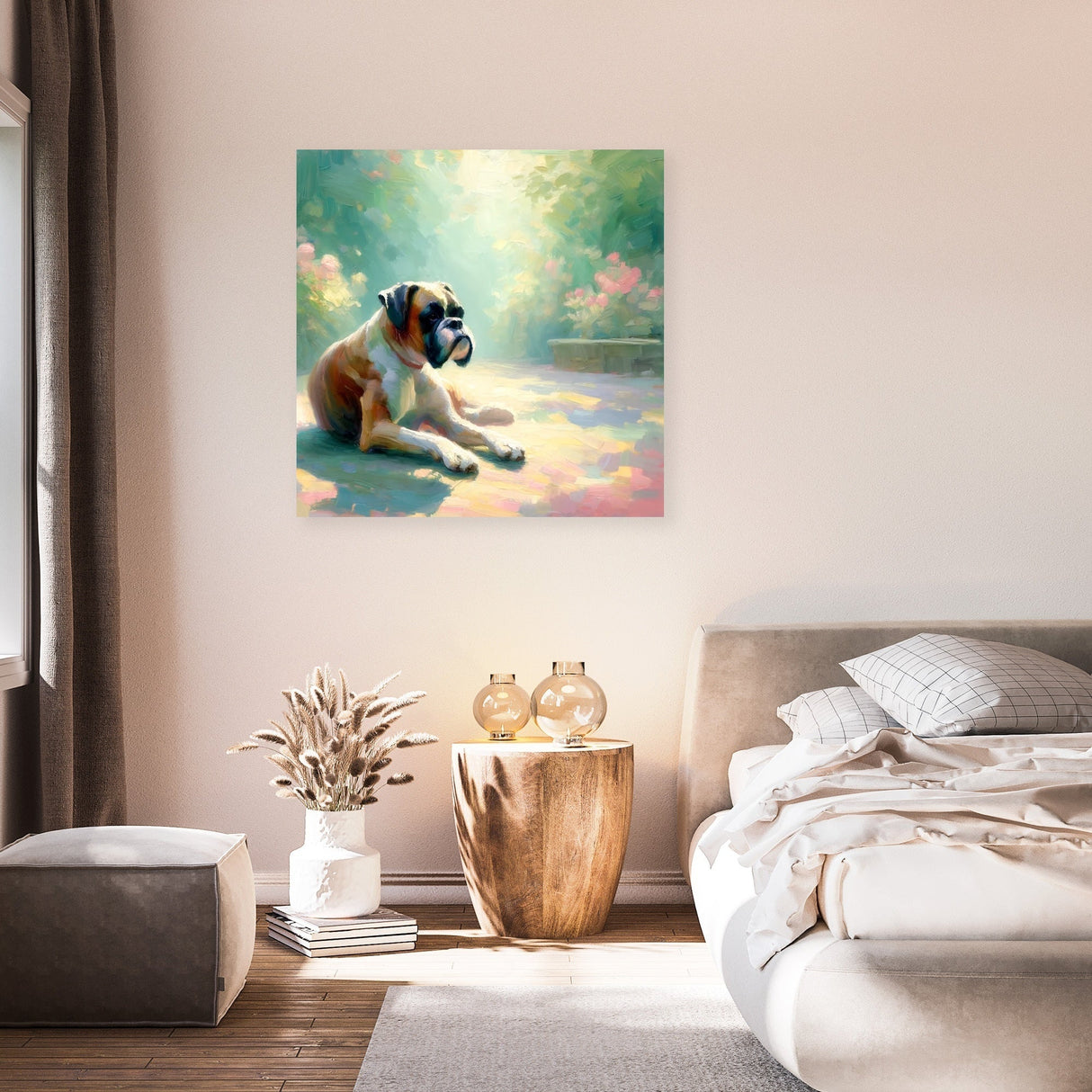 Beautiful wall art canvas featuring a serene dog in a sunlit garden setting