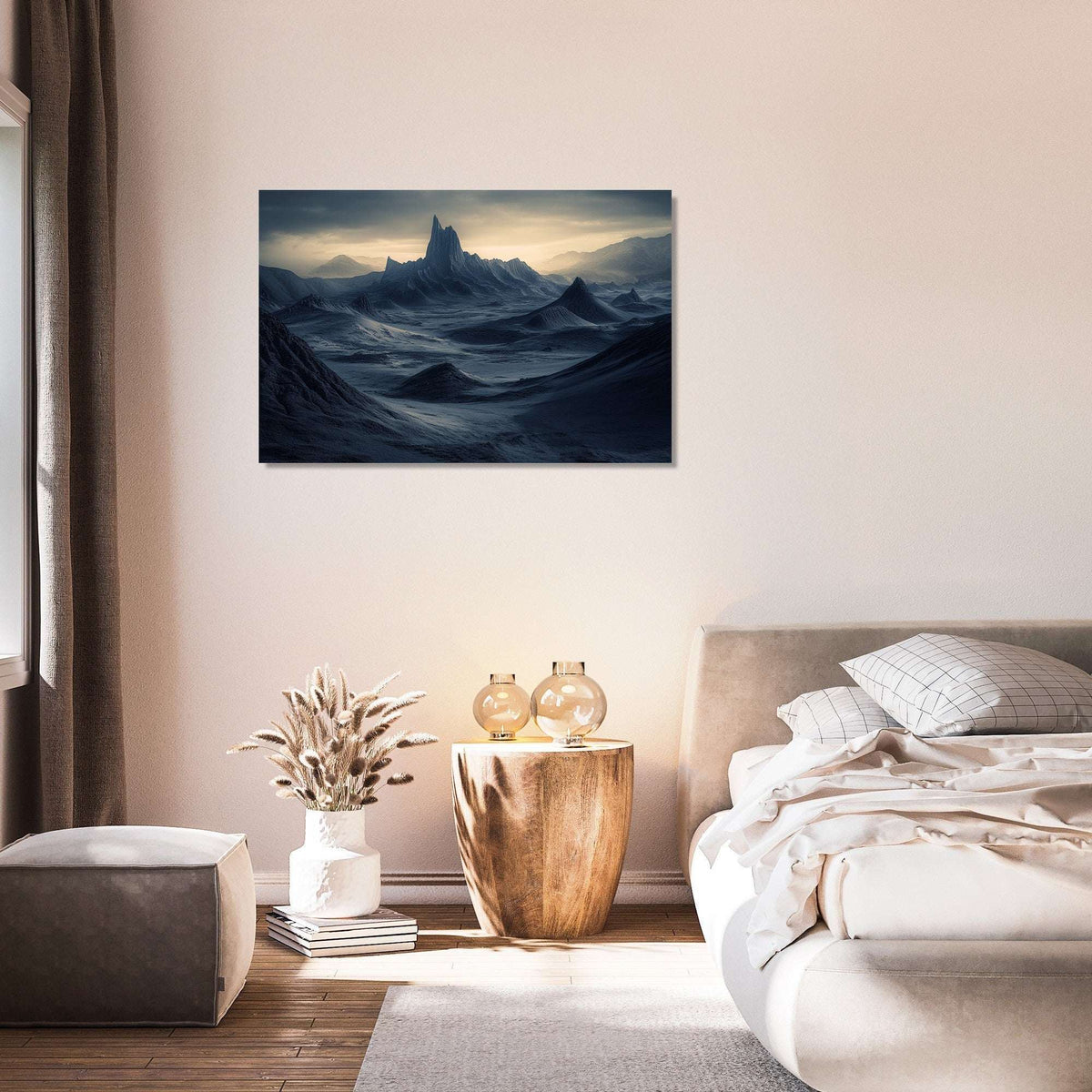 Stunning Wall Art Canvas depicting a serene mountain landscape in a modern bedroom setting