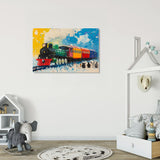 Colourful Wall Art Canvas featuring a vintage steam train on an abstract background