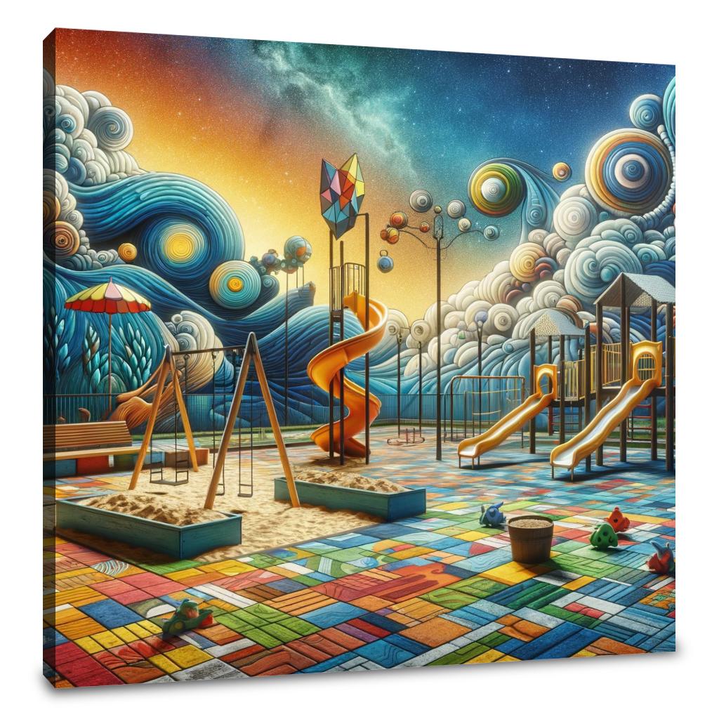Vibrant Wall Art Canvas depicting a whimsical playground against a cosmic sky with swirling clouds