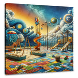 Vibrant Wall Art Canvas depicting a whimsical playground against a cosmic sky with swirling clouds