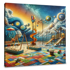 Vibrant Wall Art Canvas depicting a whimsical playground against a cosmic sky with swirling clouds