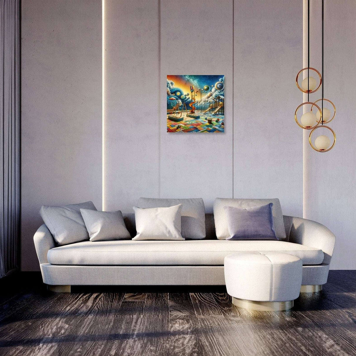 Contemporary living room with vibrant wall art canvas featuring a dynamic abstract design