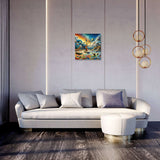 Contemporary living room with vibrant wall art canvas featuring a dynamic abstract design
