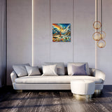 Contemporary living room with vibrant wall art canvas featuring a dynamic abstract design