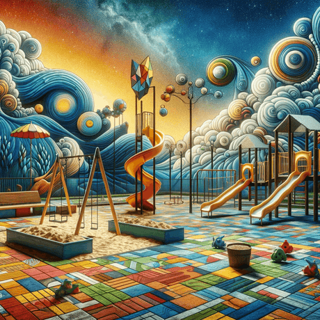 Vibrant wall art canvas depicting a playful playground with colourful structures and whimsical clouds