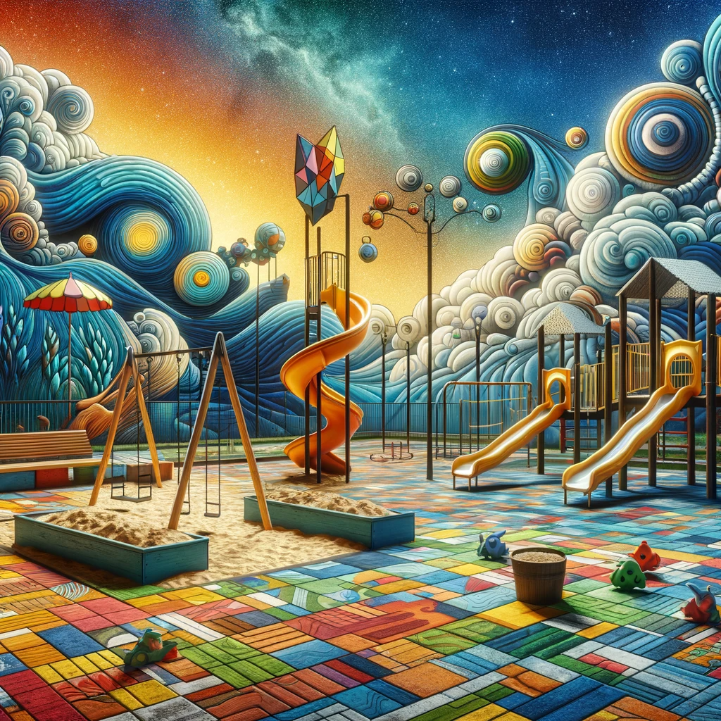 Vibrant wall art canvas depicting a playful playground with colourful structures and whimsical clouds