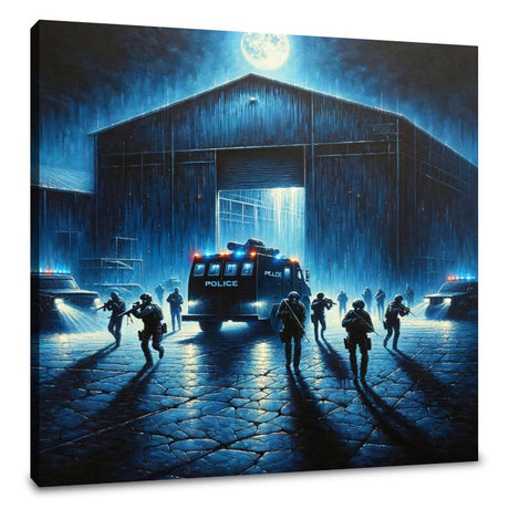 Dramatic wall art canvas depicting a police raid at night with striking blue tones and silhouettes