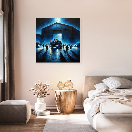 Stunning wall art canvas featuring a dramatic scene with silhouetted figures at night