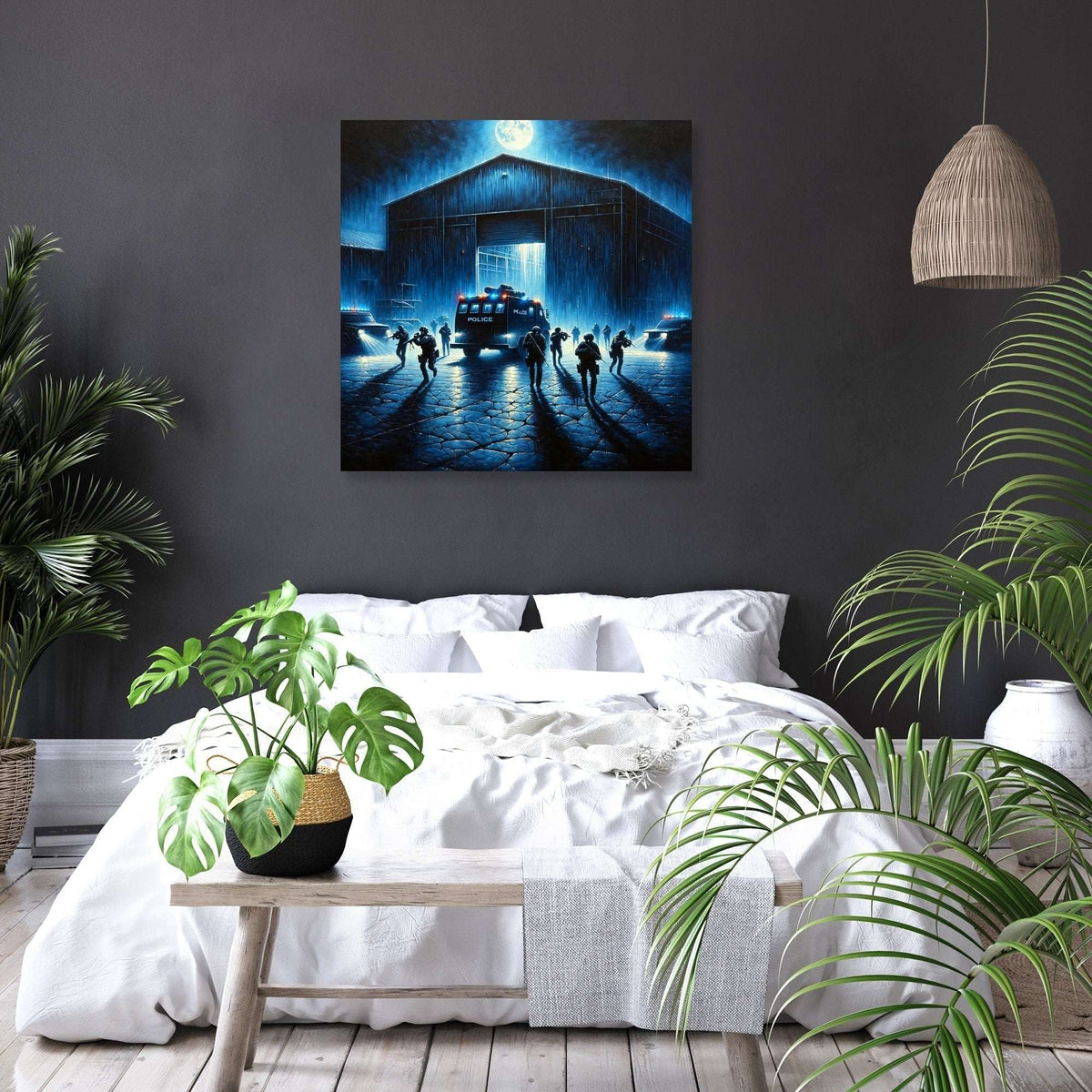 Dark and atmospheric wall art canvas featuring a group of people near a building under moonlight