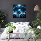 Dark and atmospheric wall art canvas featuring a group of people near a building under moonlight