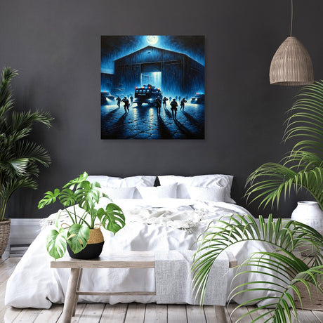 Dark and atmospheric wall art canvas featuring a group of people near a building under moonlight