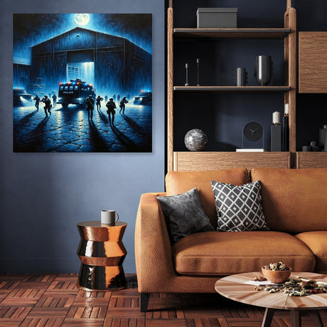 Vibrant wall art canvas featuring a dramatic scene of silhouettes against a blue background