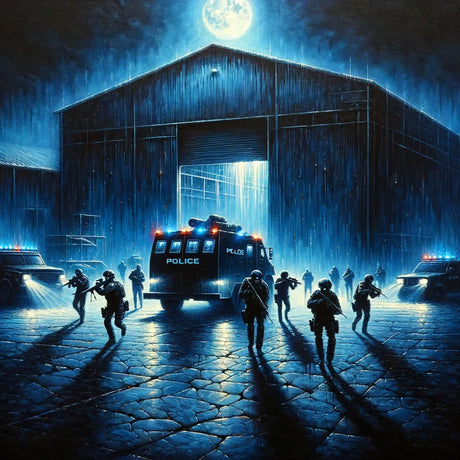 Dramatic wall art canvas depicting a police scene at night with illuminated vehicles and silhouettes of officers