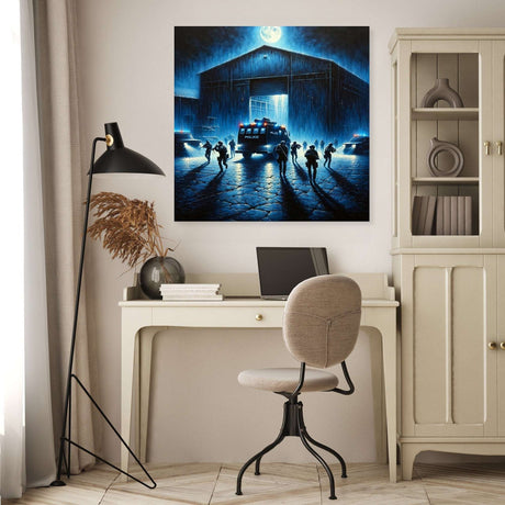 Dramatic Wall Art Canvas featuring a night scene with vehicles and figures near a barn