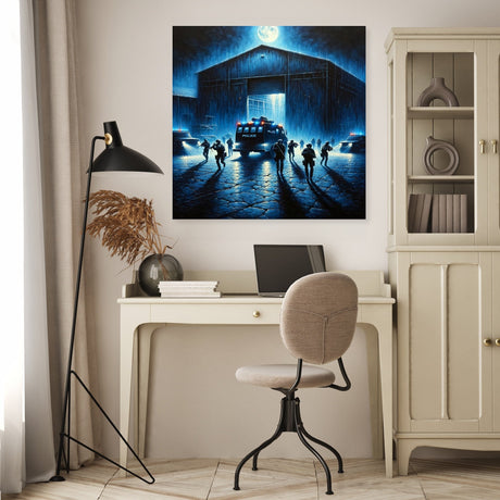 Dramatic Wall Art Canvas featuring a night scene with vehicles and figures near a barn