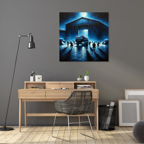 Decorative Wall Art Canvas featuring a moonlit scene with silhouettes and cars, ideal for modern interiors