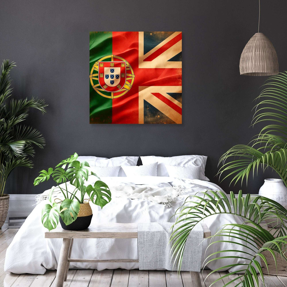 Stunning Wall Art Canvas featuring a fusion of the Portuguese and Union flags, perfect for home decor