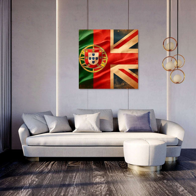 Wall Art Canvas featuring the flags of Portugal and the United Kingdom in a modern living room setting