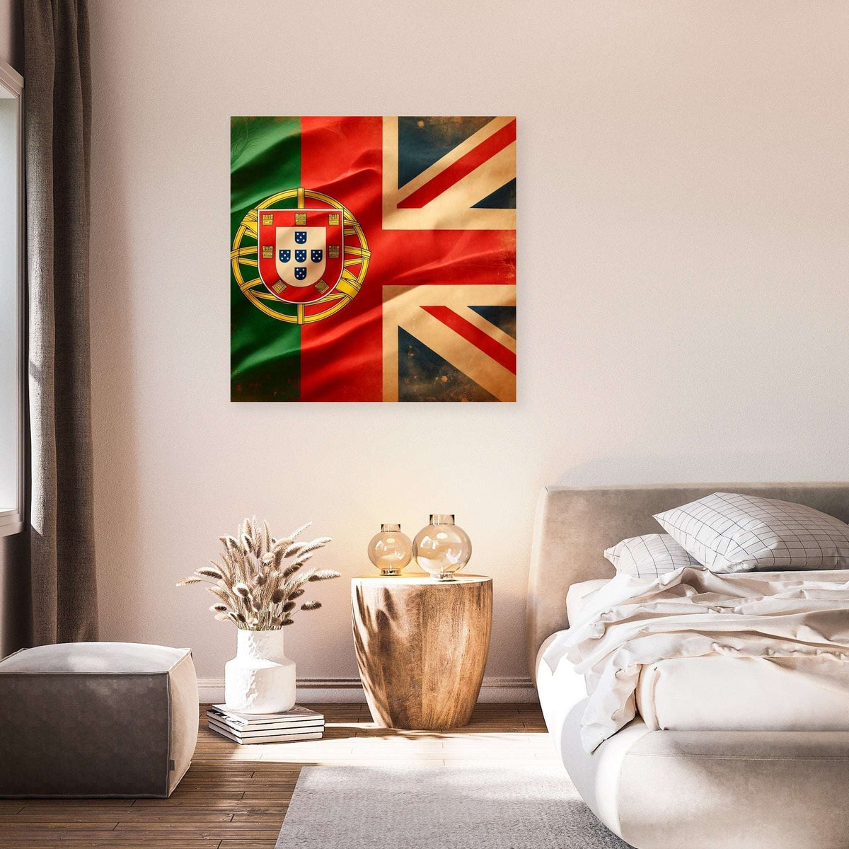 Home Art Haven Wall Art Canvas featuring a vintage Portugal and UK flag design for stylish home decor