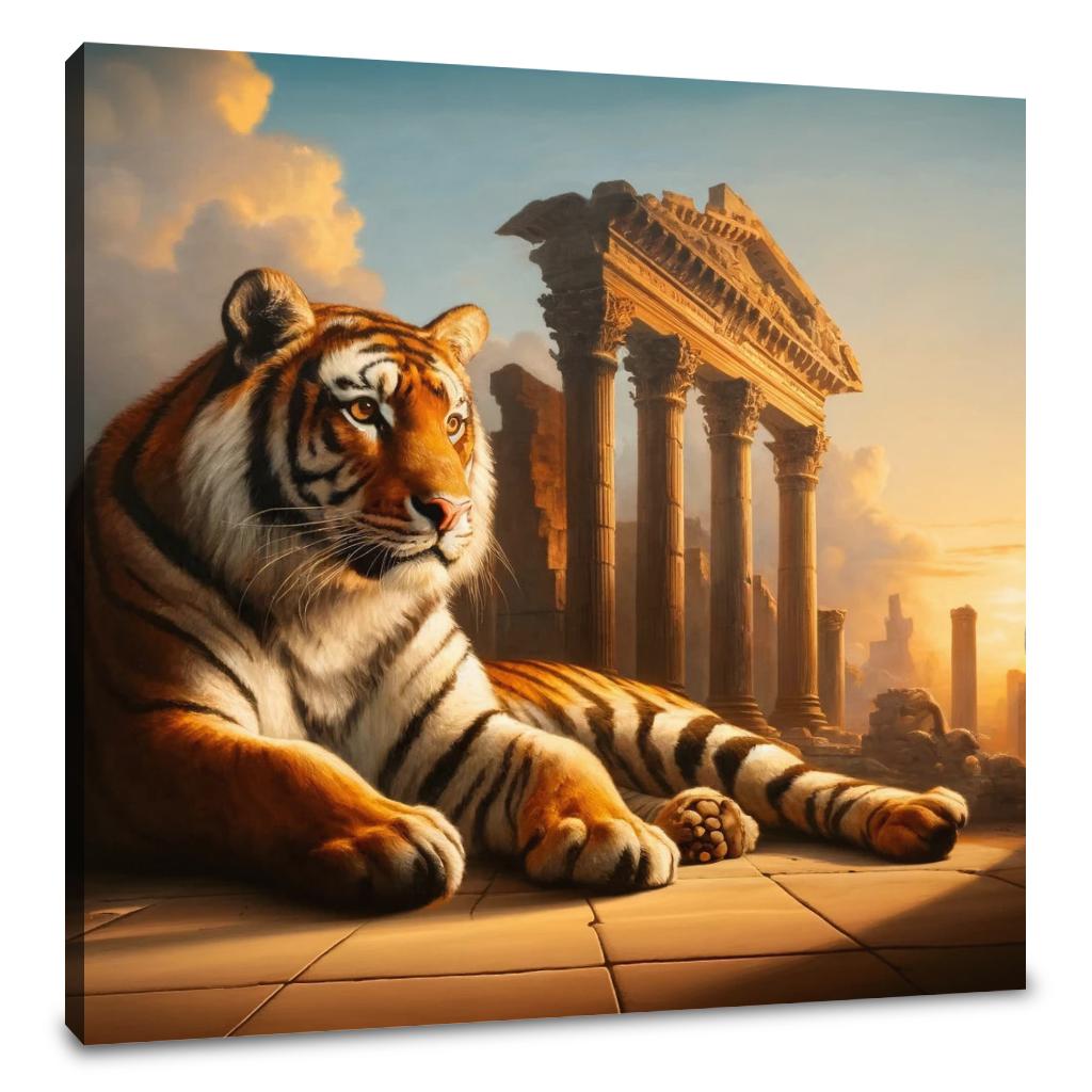 Majestic tiger lounging near ancient ruins, a stunning wall art canvas for any art lover